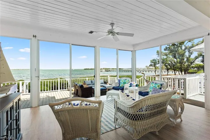 Sunroom / solarium with a water view, wood ceiling, and wood-type flooring
