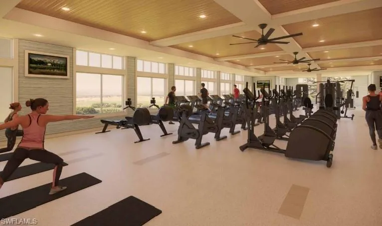 Gym with a wood ceiling with exposed beams, a ceiling fan, coffered ceiling, and a wall of windows