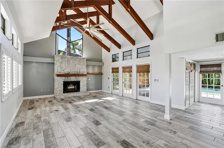 Vaulted ceiling with exposed wood beams