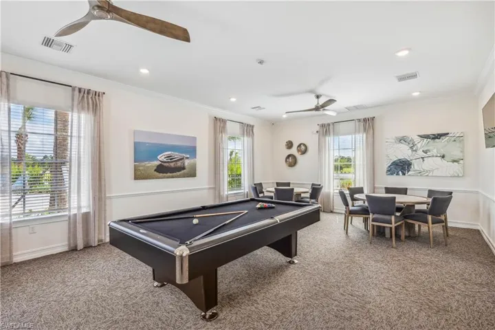Rec room featuring ceiling fan, ornamental molding, carpet flooring, and a healthy amount of sunlight