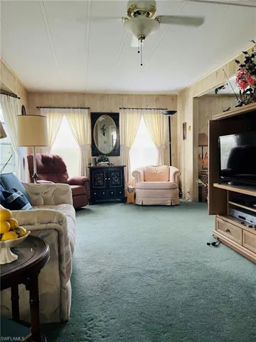 Carpeted living room featuring wood walls
