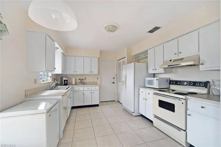 Kitchen with visible vents, under cabinet range hood, a sink, white appliances, and white cabinets