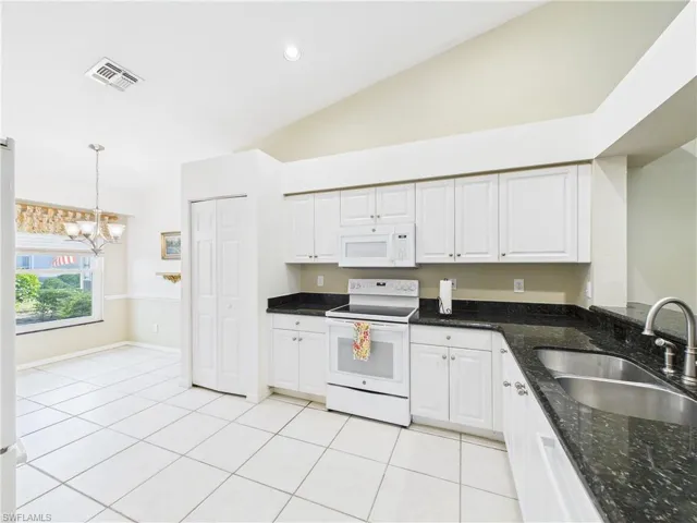Kitchen featuring white appliances, a sink, visible vents, and white cabinets