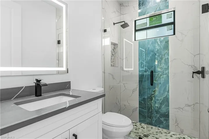 Bathroom with vanity, a shower with shower door, and toilet