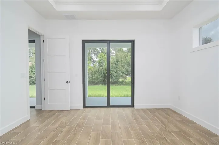 Empty room featuring a raised ceiling, light wood-type flooring, and plenty of natural light