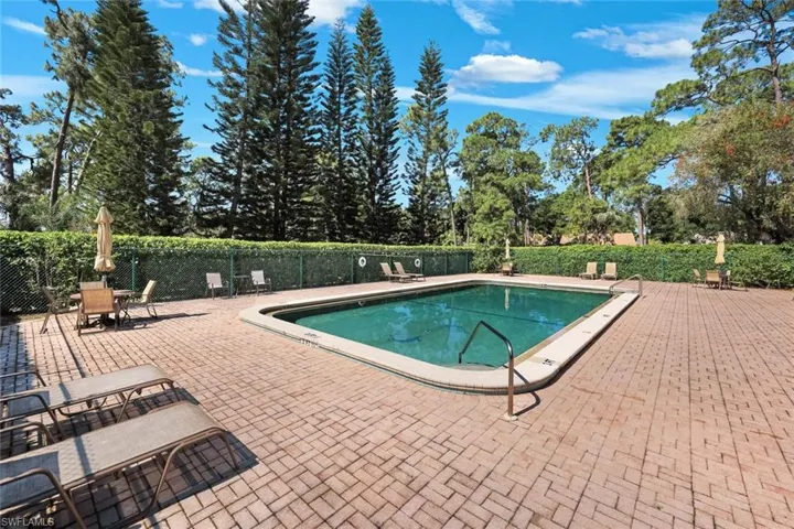 Outdoor swimming pool with integrated steps, surrounded by a paver patio and mature landscaping