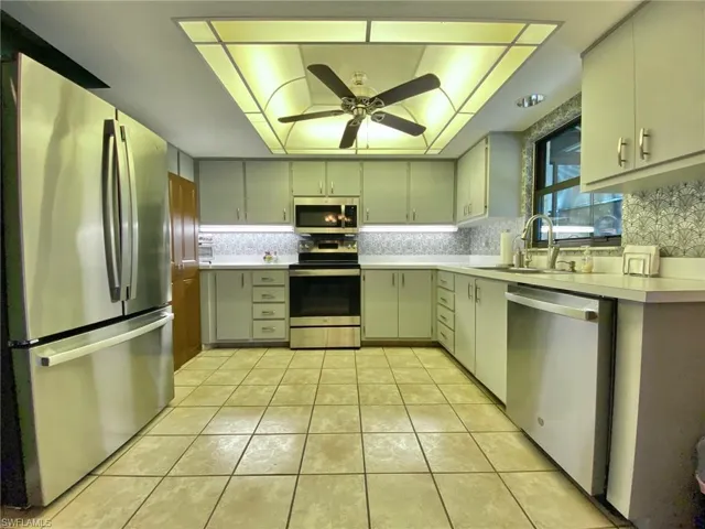 Nice sized kitchen with new SS GE appliances in November 2023.