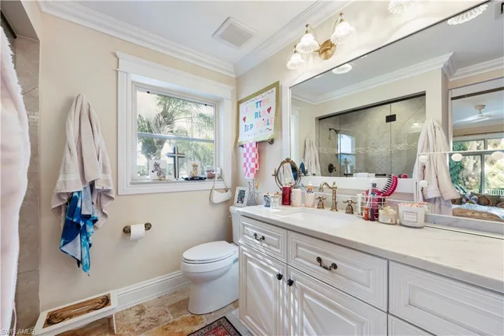 Full bathroom featuring vanity, a stall shower, ornamental molding, and healthy amount of natural light
