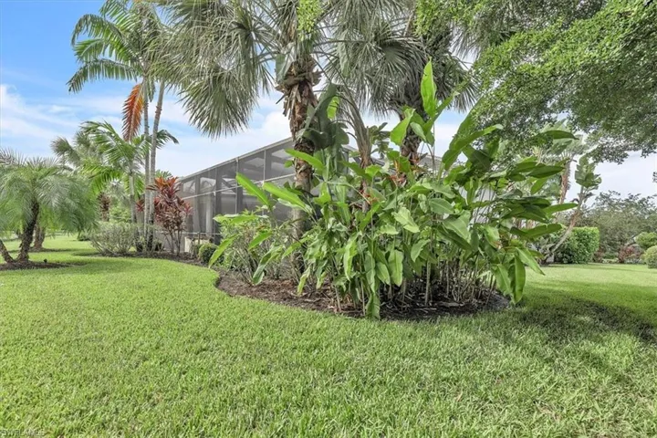 Expansive lawn featuring mature palms, tropical plantings, and a screened enclosure