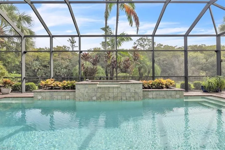 Screened-in pool area featuring a tile-surrounded raised spa, integrated stone-finish planter beds, and concrete pool deck