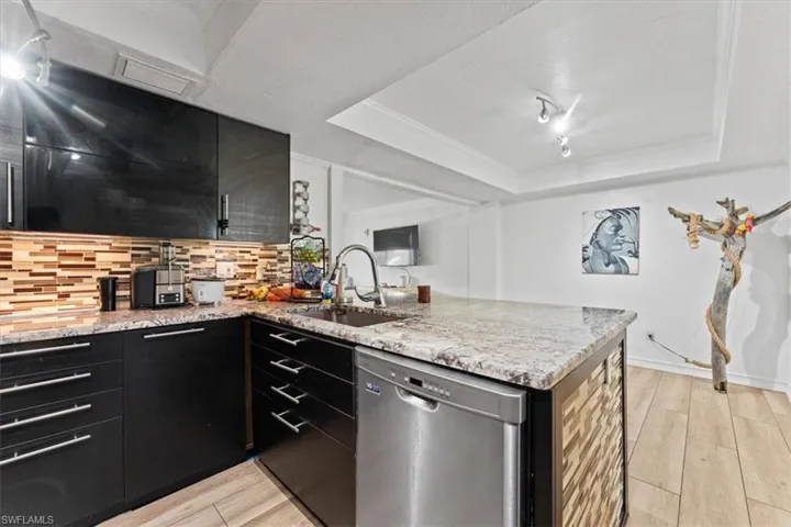 Kitchen with stainless steel dishwasher, a raised ceiling, dark cabinetry, light wood finished floors, and a peninsula