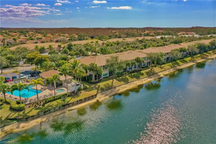 Aerial perspective of suburban area featuring a large body of water