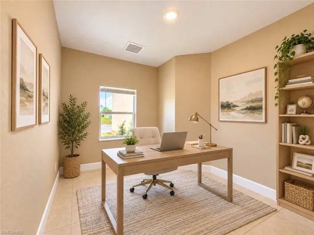 Recessed ceiling lighting, a built-in shelving unit, a window with blinds, and tile flooring
