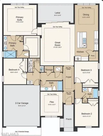 Structural options added include: Study in place of flex and tray ceiling at primary suite, dining, and gathering room.