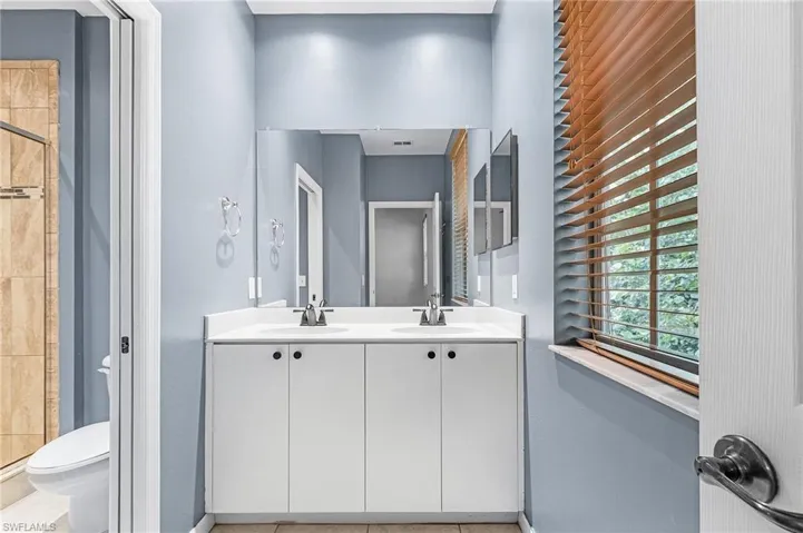 Double vanity with white cabinetry and integrated sinks