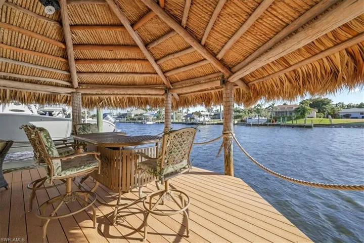 Dock featuring a water view and outdoor dining area