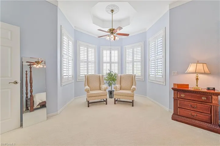 Sitting room with ceiling fan, a raised ceiling, a wealth of natural light, and light colored carpet