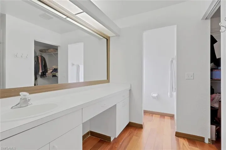 Full bathroom featuring a walk in closet, vanity, and light wood-style flooring