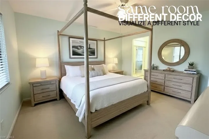 Bedroom with a ceiling fan and carpet floors