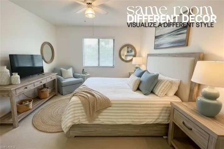 Carpeted bedroom featuring a ceiling fan