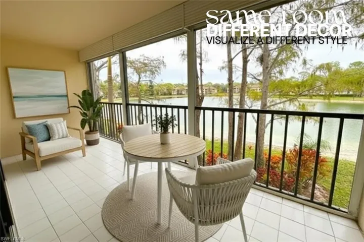 Sunroom featuring tile patterned flooring and a water view