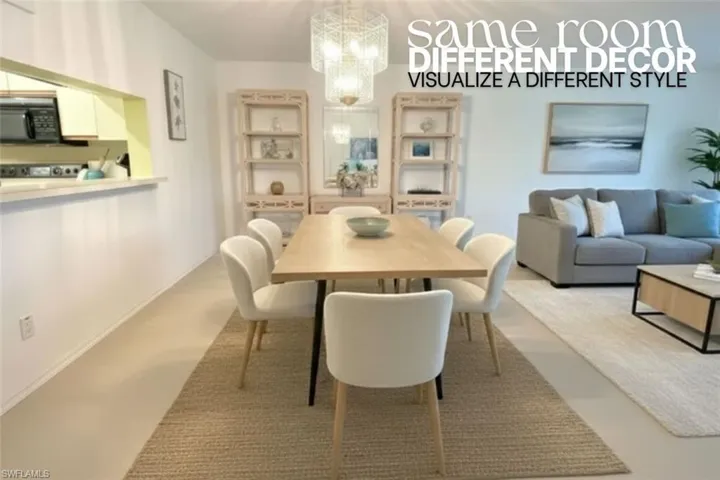 Dining area with a chandelier