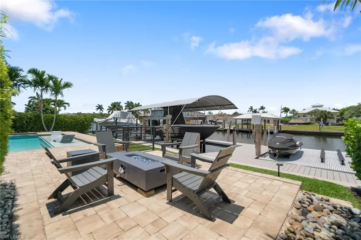 View of patio featuring a dock, an outdoor fire pit, and a water view