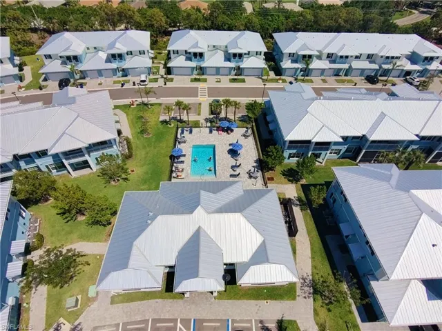 Aerial view of residential area with a pool