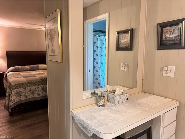 Bathroom featuring wood-type flooring and vanity
