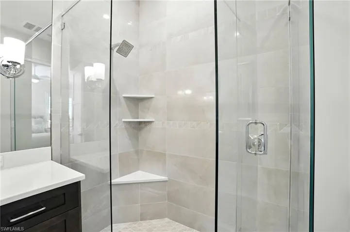 Full bath with vanity and a stall shower