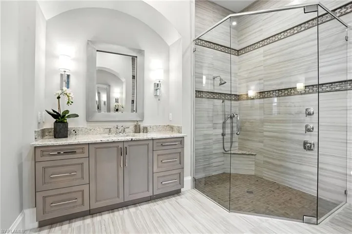 Full bath featuring a shower stall and vanity