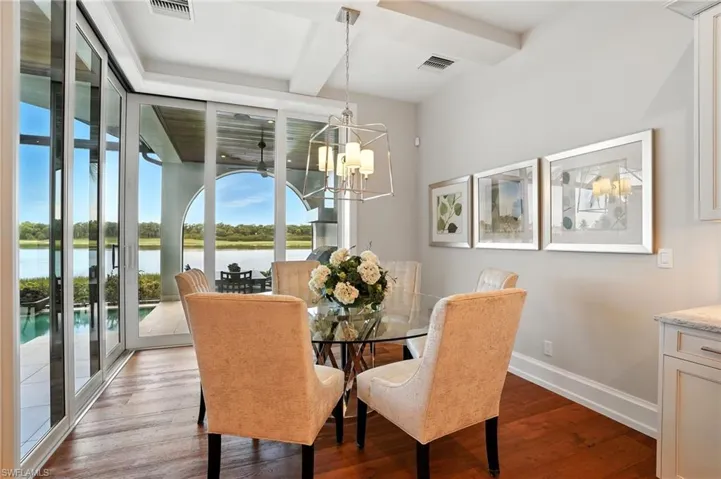 Dining area featuring a chandelier, dark wood-style floors, and a water view
