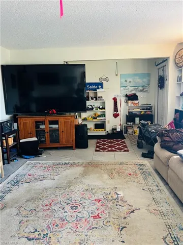 Living room featuring a textured ceiling and light tile patterned floors