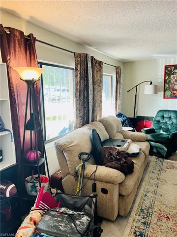 Living room with a textured ceiling and healthy amount of natural light