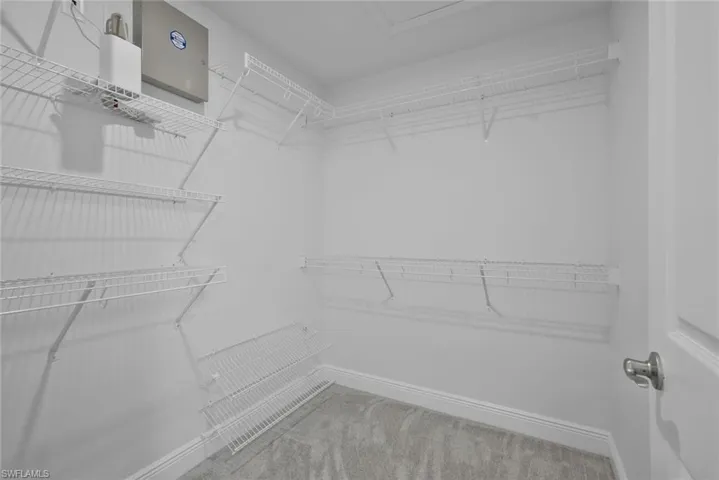 Walk in closet featuring light carpet