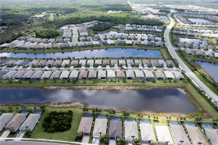 Birds eye view of property with a residential view and a water view