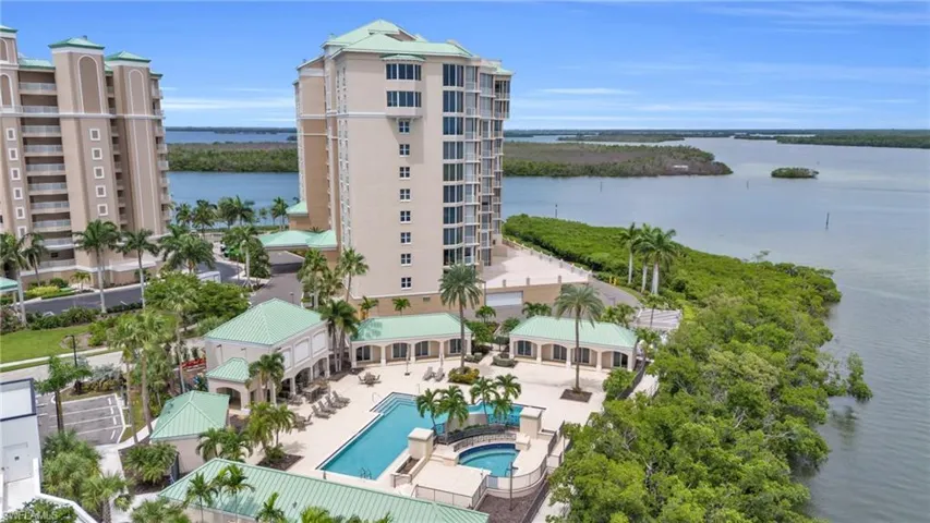 Birds eye view of property featuring a water view