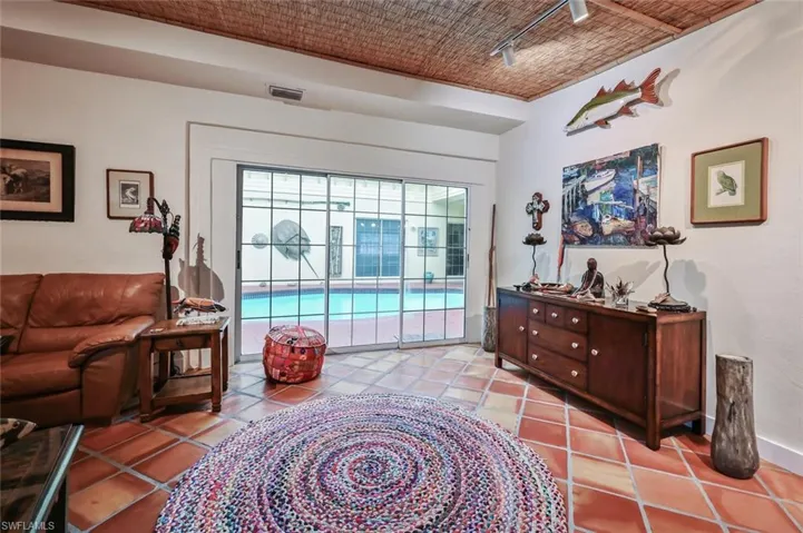 Great room overlooking courtyard pool