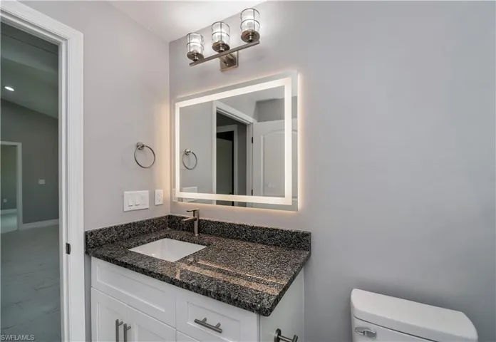 Half bath featuring vanity and toilet