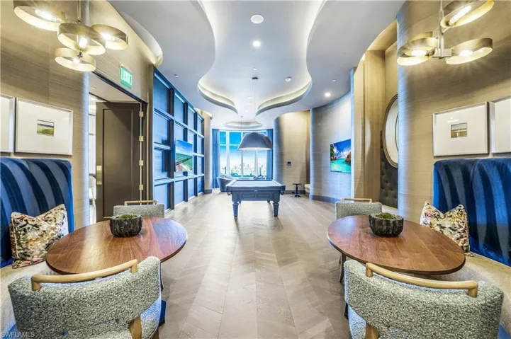 The billiards room is an elegant retreat designed for both recreation and conversation.