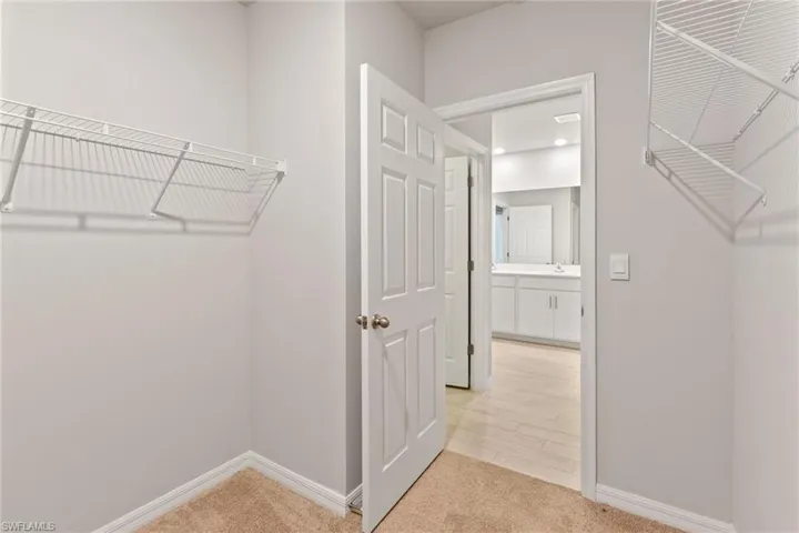 Walk in closet featuring light colored carpet