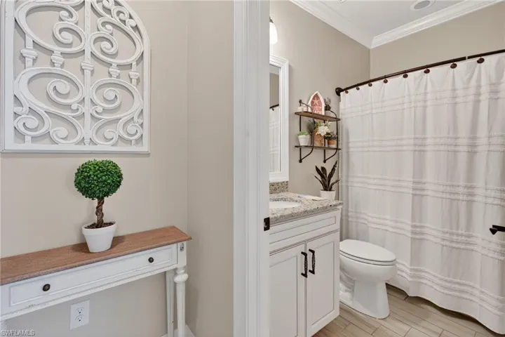 Bathroom featuring vanity, a shower with shower curtain, crown molding, and wood tiled floors