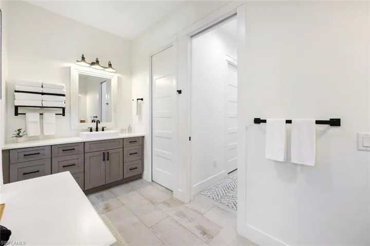 Bathroom featuring wood-type flooring and vanity