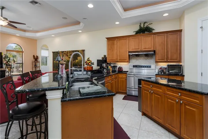 Kitchen featuring a tray ceiling, stainless steel appliances, wood finish cabinetry, dark stone counters, and crown molding
