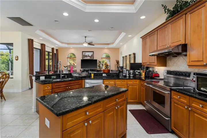 Kitchen featuring a peninsula, stainless steel appliances, dark stone countertops, wood finish cabinets, and a raised ceiling