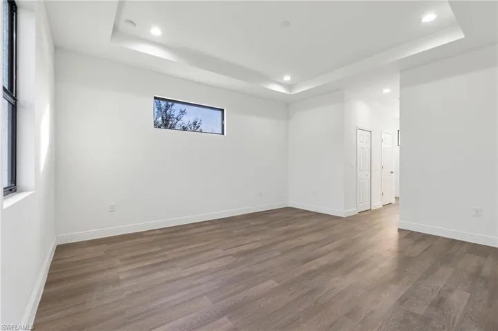 Unfurnished room featuring dark wood-type flooring and a raised ceiling