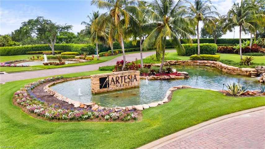 Artesia Community entrance with lakes, fountains and beautiful landscaping.