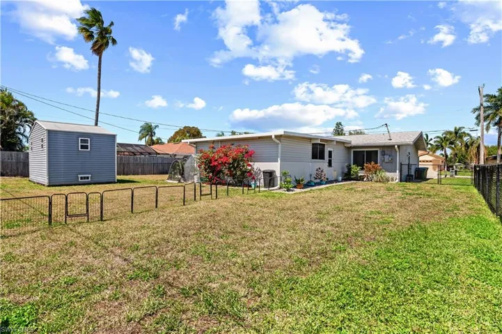 Back of house featuring a fenced backyard and a storage shed