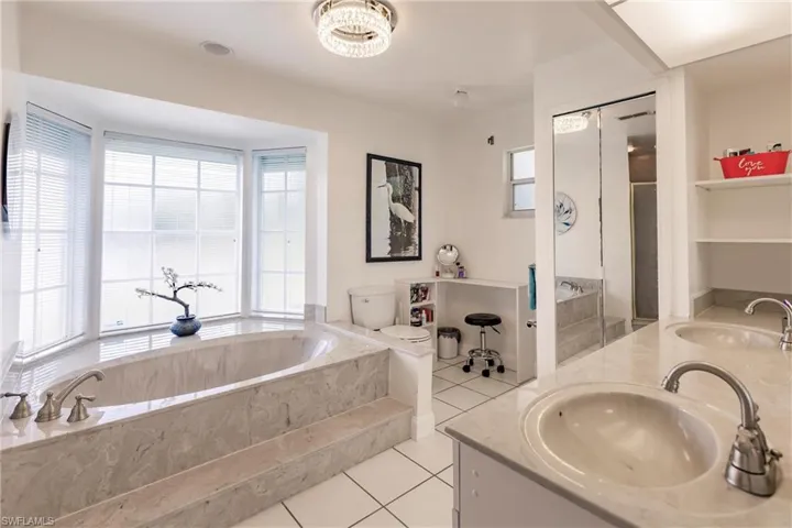 Bathroom with tile floors, dual bowl vanity, a washtub, and toilet