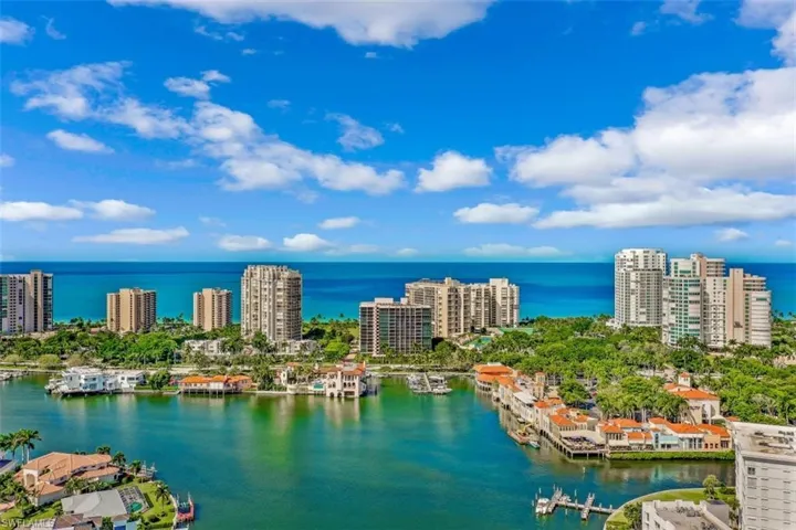 Bird's eye view with a water view